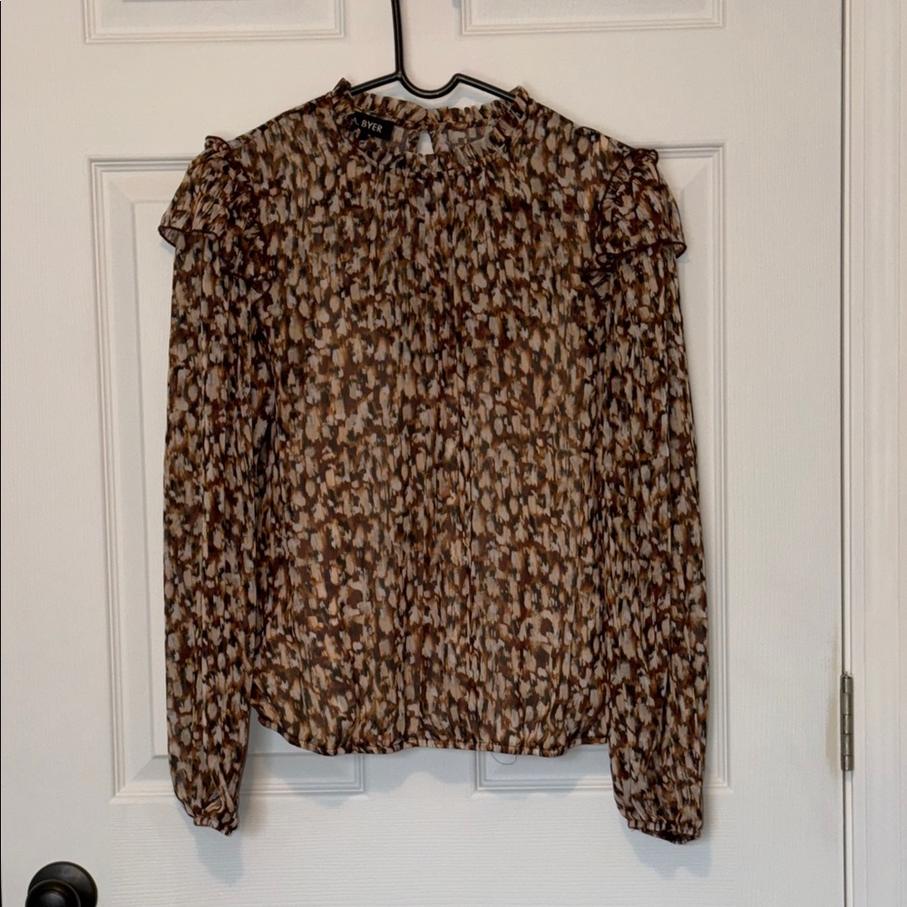 A. Byer Brown Abstract Print Mock Neck Blouse